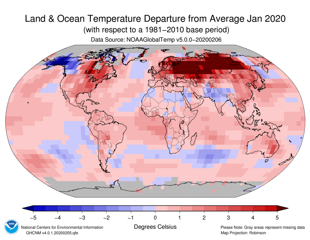 Figure 1.2. Global temperature anomalies for January 2020. Source: https://www.ncdc.noaa.gov/sotc/global/201603.