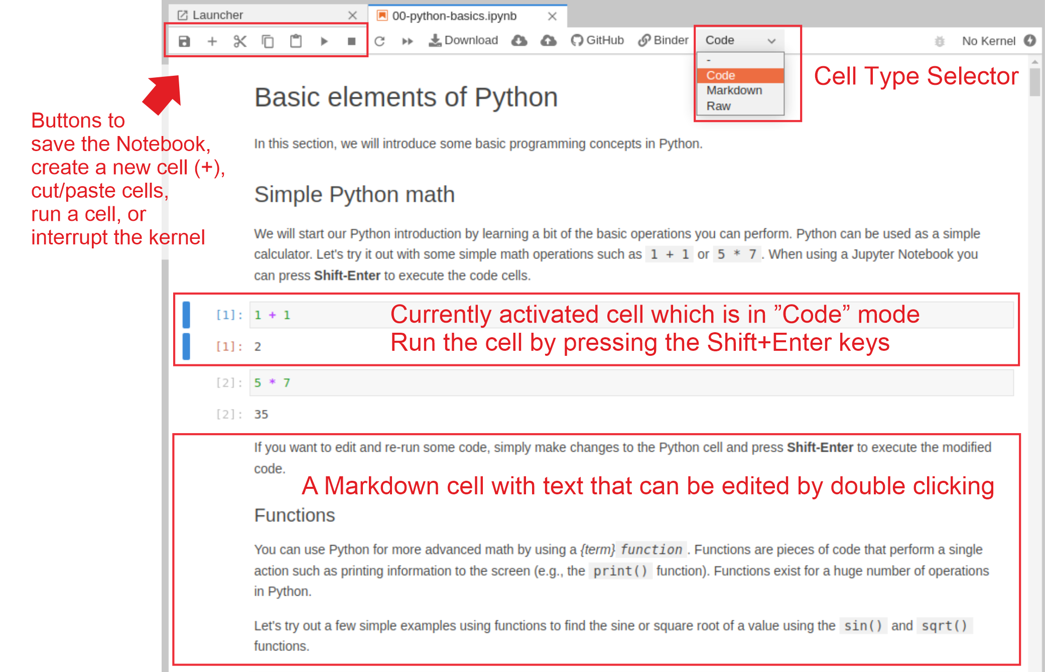 Figure 1.14. The basic components of a Jupyter Notebook opened in JupyterLab.