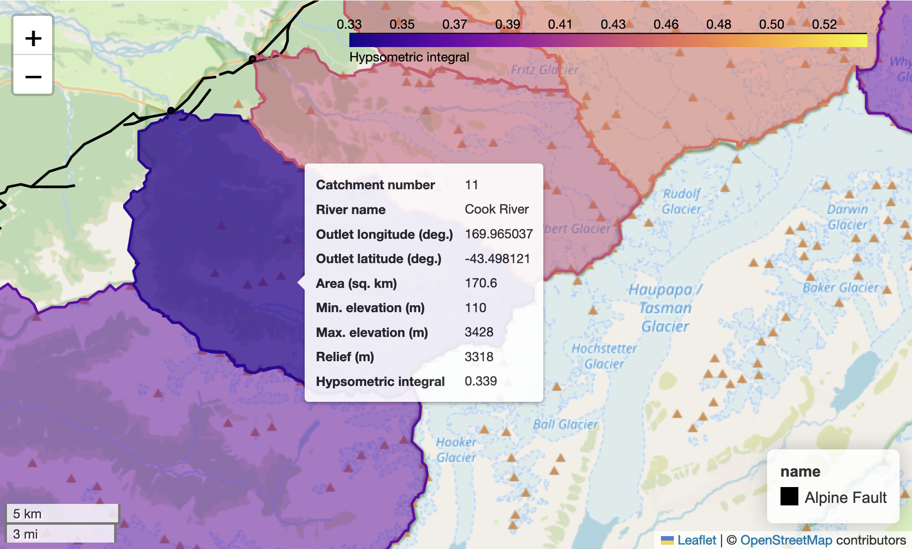 Figure 12.1. The Cook River watershed (purple) in New Zealand upstream of the Alpine Fault (black line).