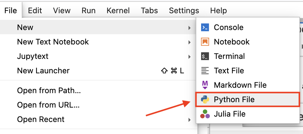 Figure 2.5. Creating a new Python file in JupyterLab.